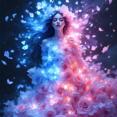 The primary subject of the image is a woman wearing a dress adorned with pink and blue flowers. The setting is a dark background, which contrasts with the bright colors of the dress and flowers. The visual style is a digital art or illustration, creating a surreal and dreamy atmosphere. The dominant colors are pink and blue, with the pink flowers and blue dress creating a harmonious and visually appealing scene.